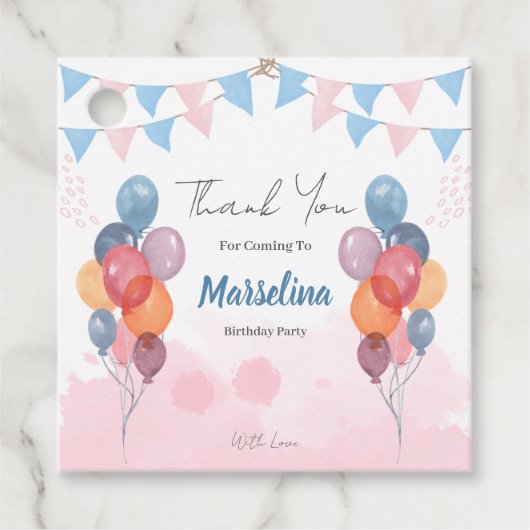水彩風船の女の子の誕生日パーティーメッセージカード フェイバータグ (正面)