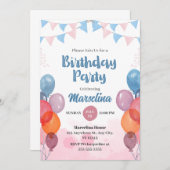 水彩風船の女の子の誕生日招待状カード 招待状 (正面/裏面)