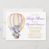 水彩風船の紫色の象 赤ちゃんのシャワー 招待状 (正面)