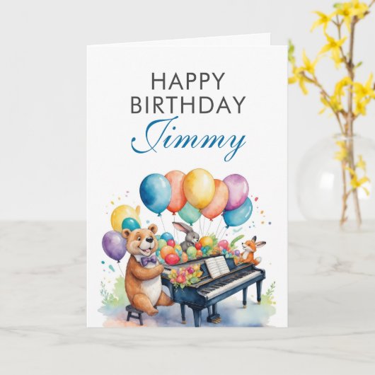 水彩風船カラフル動物ピアノ誕生日 カード (黄色い花)