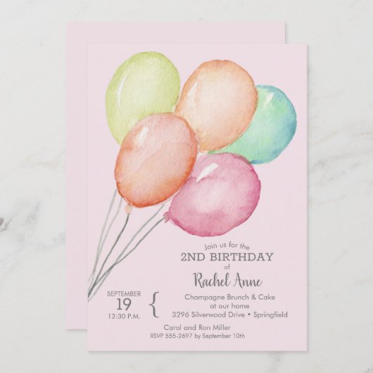 水彩風船ガールの2回目の誕生日 招待状 (正面/裏面)