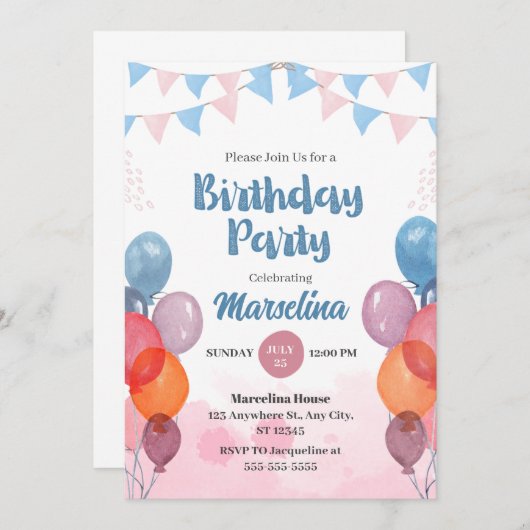 水彩風船ガールバースデー招待状カード 招待状 (正面/裏面)