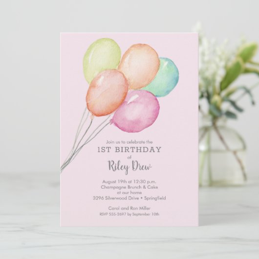 水彩風船ガール1st誕生日 招待状 (スタンド正面)