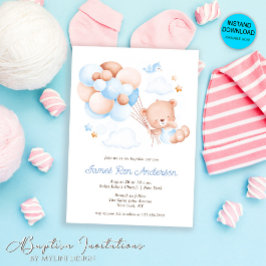 水彩風船テディベアボーイバプテスマ 招待状