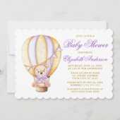 水彩風船テディベア紫ベビーシャワー 招待状 (正面)