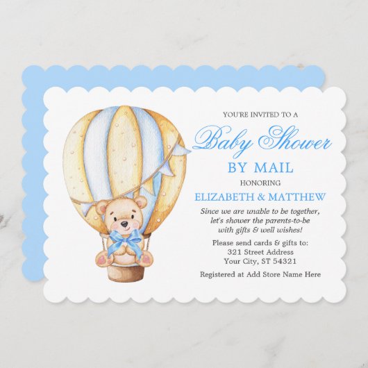 水彩風船テディベア青シャワーbyメール 招待状 (正面/裏面)