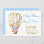 水彩風船テディベア青ベビーシャワー 招待状 (正面/裏面)