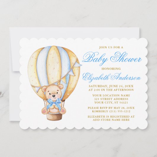 水彩風船テディベア青ベビーシャワー 招待状 (正面)
