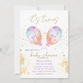 水彩風船ピンクツインガール赤ちゃんシャワー 招待状 (正面)