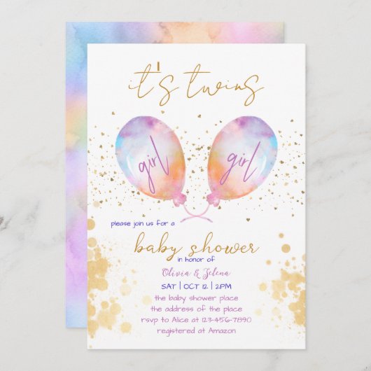 水彩風船ピンクツインガール赤ちゃんシャワー 招待状 (正面/裏面)