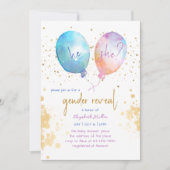 水彩風船ピンクブルーグリッター性別表示 招待状 (正面)