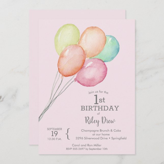水彩風船ピンク1歳の誕生日招待状 (正面/裏面)