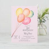 水彩風船ピンク1st誕生日招待状 招待状 (スタンド正面)