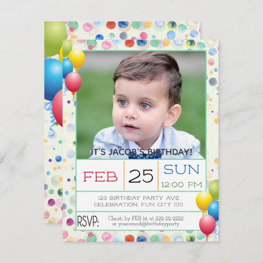 水彩風船フォトバースデーパーティー 招待状 (正面/裏面)