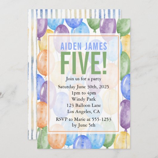 水彩風船ボーイ誕生日 招待状 (正面/裏面)