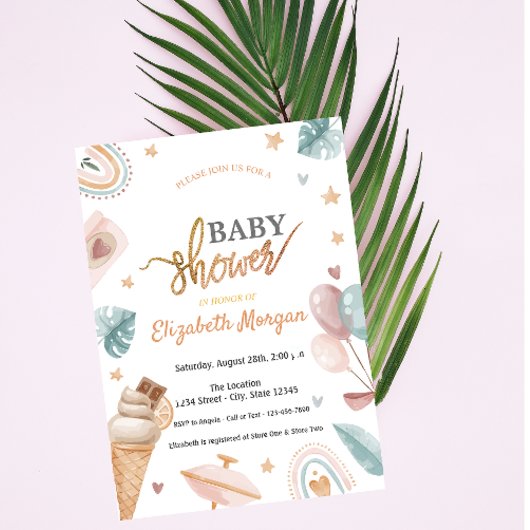 水彩風船レインボーアイスクリームベビーシャワー 招待状