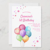 水彩風船レインボー1st誕生日 招待状 (正面)
