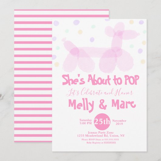 水彩風船動物のコンフェッティベビーシャワー 招待状 (正面/裏面)