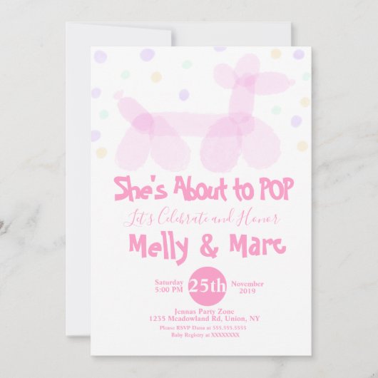 水彩風船動物紙吹雪赤ちゃんシャワー 招待状 (正面)