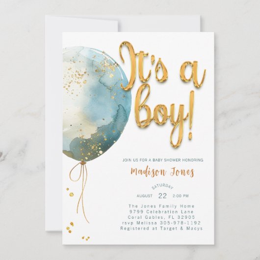 水彩風船男の子の赤ちゃんシャワー 招待状 (正面)