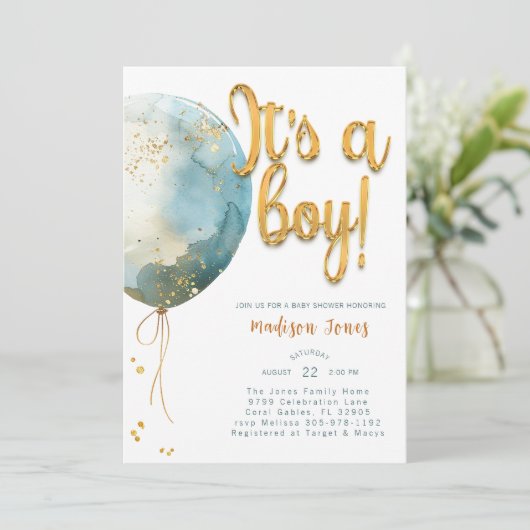 水彩風船男の子の赤ちゃんシャワー 招待状 (スタンド正面)