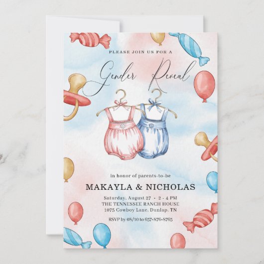 水彩風船赤ちゃん服ジェンダー表示 招待状 (正面)
