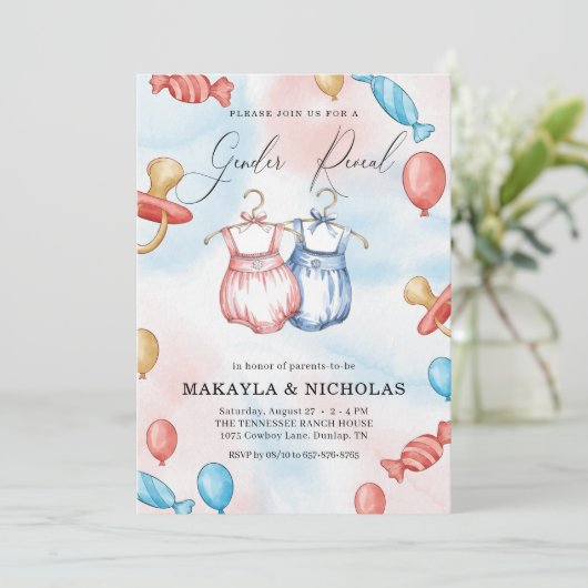 水彩風船赤ちゃん服ジェンダー表示 招待状 (スタンド正面)