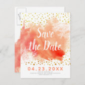 水彩飛沫コーラルリーフの結婚式 Save the Date 案内ポストカード (正面/裏面)