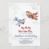 水彩飛行機の雲の男の子1日の誕生日 招待状 (正面/裏面)