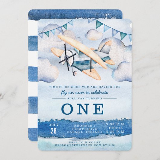 水彩飛行機ボーイバースデーパーティ招待状 招待状 (正面/裏面)