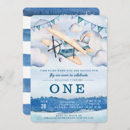 水彩飛行機ボーイバースデーパーティ招待状 招待状