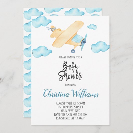 水彩飛行機ボーイベビーシャワー青 招待状 (正面/裏面)