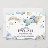 水彩飛行機男の赤ちゃんシャワー招待状 招待状 (正面)