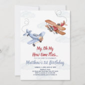 水彩飛行機雲男の子1歳誕生日 招待状 (正面)