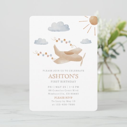 水彩飛行機1st誕生日招待状 招待状 (スタンド正面)