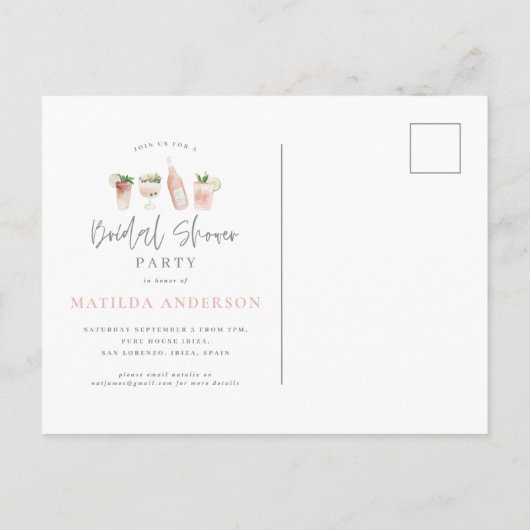 水彩飲絵を描料ブライダルシャワーパーティー インビテーションポストカード (裏面)