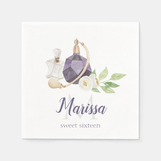 水彩香水ボトルキンセアニェラ誕生日 スタンダードカクテルナプキン (正面)