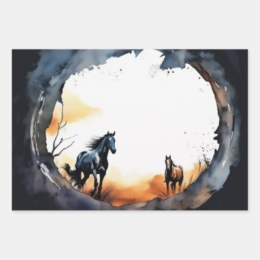 水彩馬とサンセットシルエット ラッピングペーパーシート (正面2)