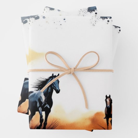 水彩馬とサンセットシルエット ラッピングペーパーシート (インサイチュ)