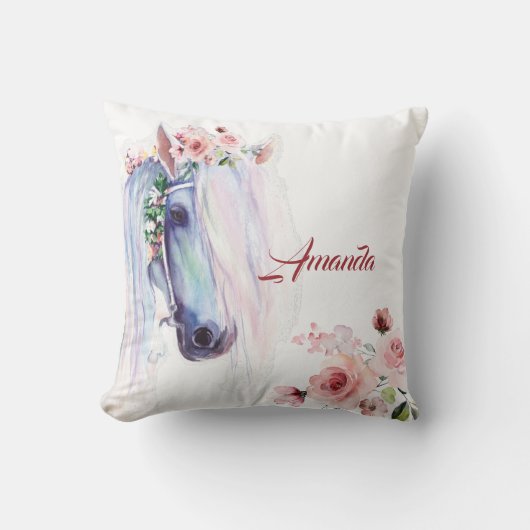 水彩馬とバラ装飾用クッション クッション (正面)