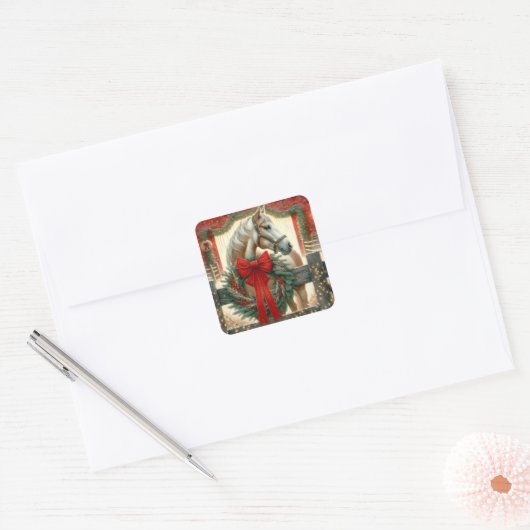 水彩馬とフェスティバルファームクリスマス スクエアシール (封筒)