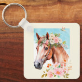 水彩馬と花 キーホルダー (正面)
