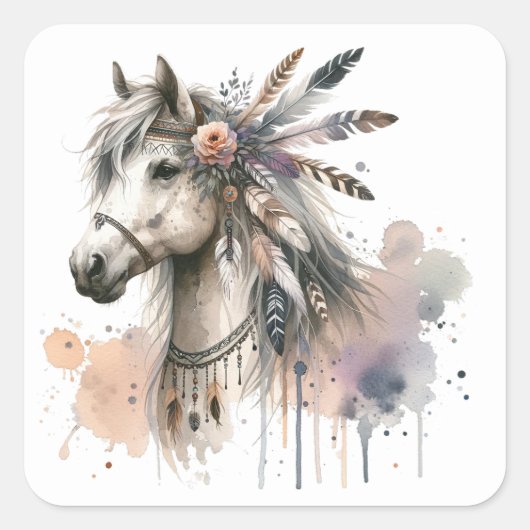 水彩馬のステッカー スクエアシール (正面)