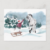 水彩馬の冬の雪と女の子 ポストカード (正面)