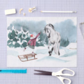 水彩馬の冬の雪と女の子 薄葉紙 (クラフト)