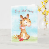 水彩馬ファームおめでとう カード (黄色い花)