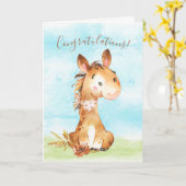 水彩馬ファームおめでとう カード (黄色い花)