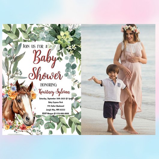 水彩馬フローラカスタム写真ベビーシャワー インビテーションポストカード
