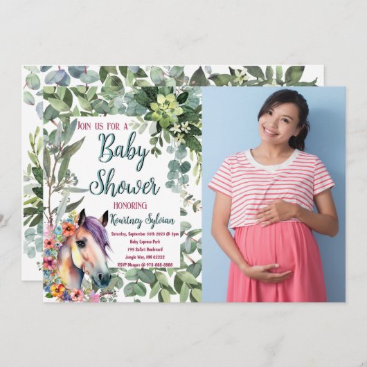 水彩馬フローラカスタム写真ベビーシャワー 招待状 (正面/裏面)