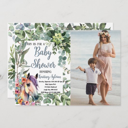 水彩馬フローラカスタム写真ベビーシャワー 招待状 (正面/裏面)